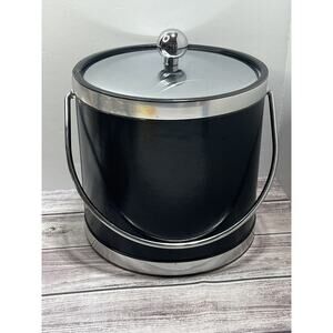 VTG Ice Bucket Mid Century Modern Black Faux Leather Chrome Accents USA MCM